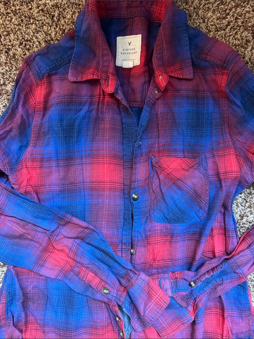 American Eagle Vintage Boyfriend Plaid Button-Up Shirt in Blue & Red